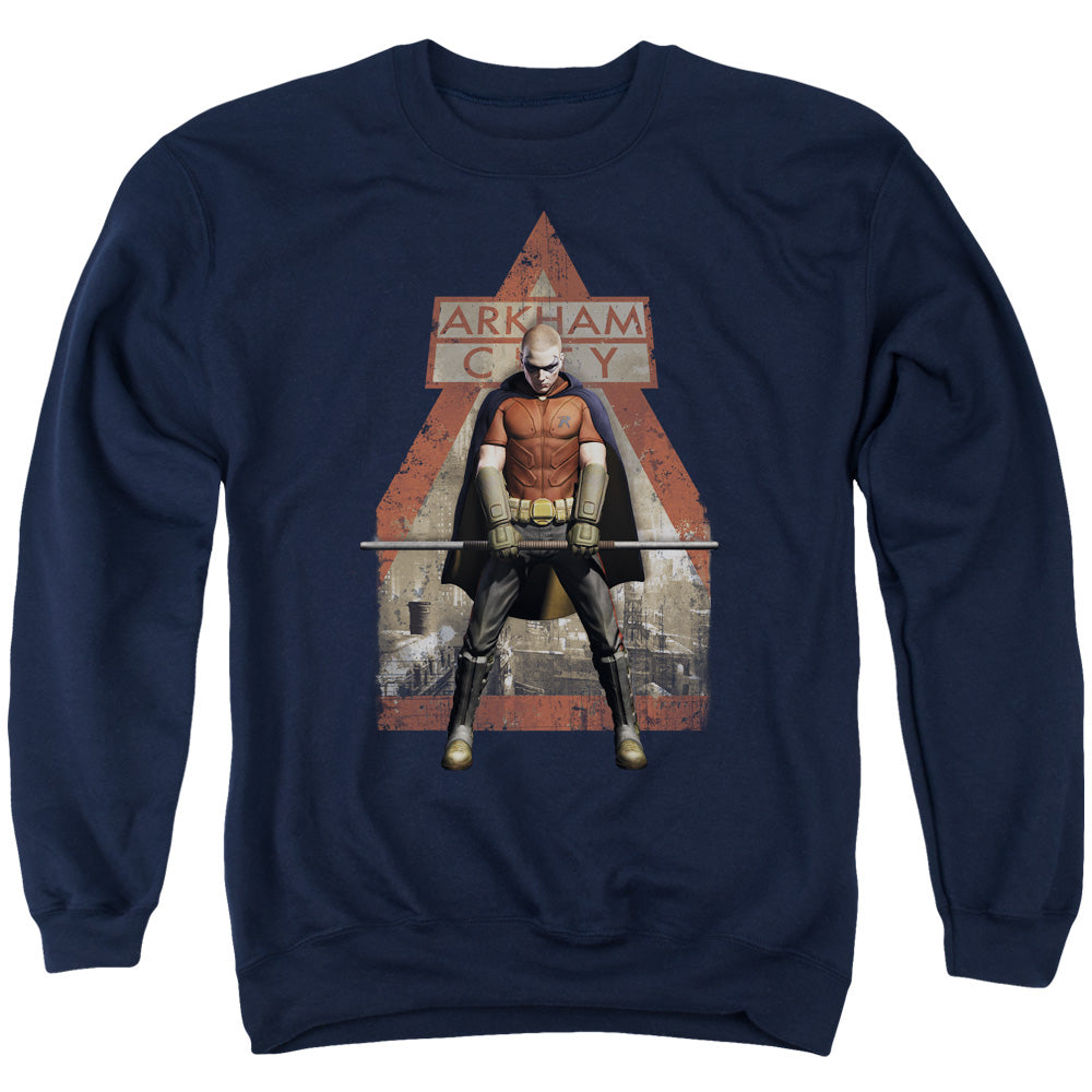 AN OFFCIALLY LICENSED ARKHAM CITY ARKHAM ROBIN ADULT UNISEX CREWNECK SWEATSHIRT NAVY