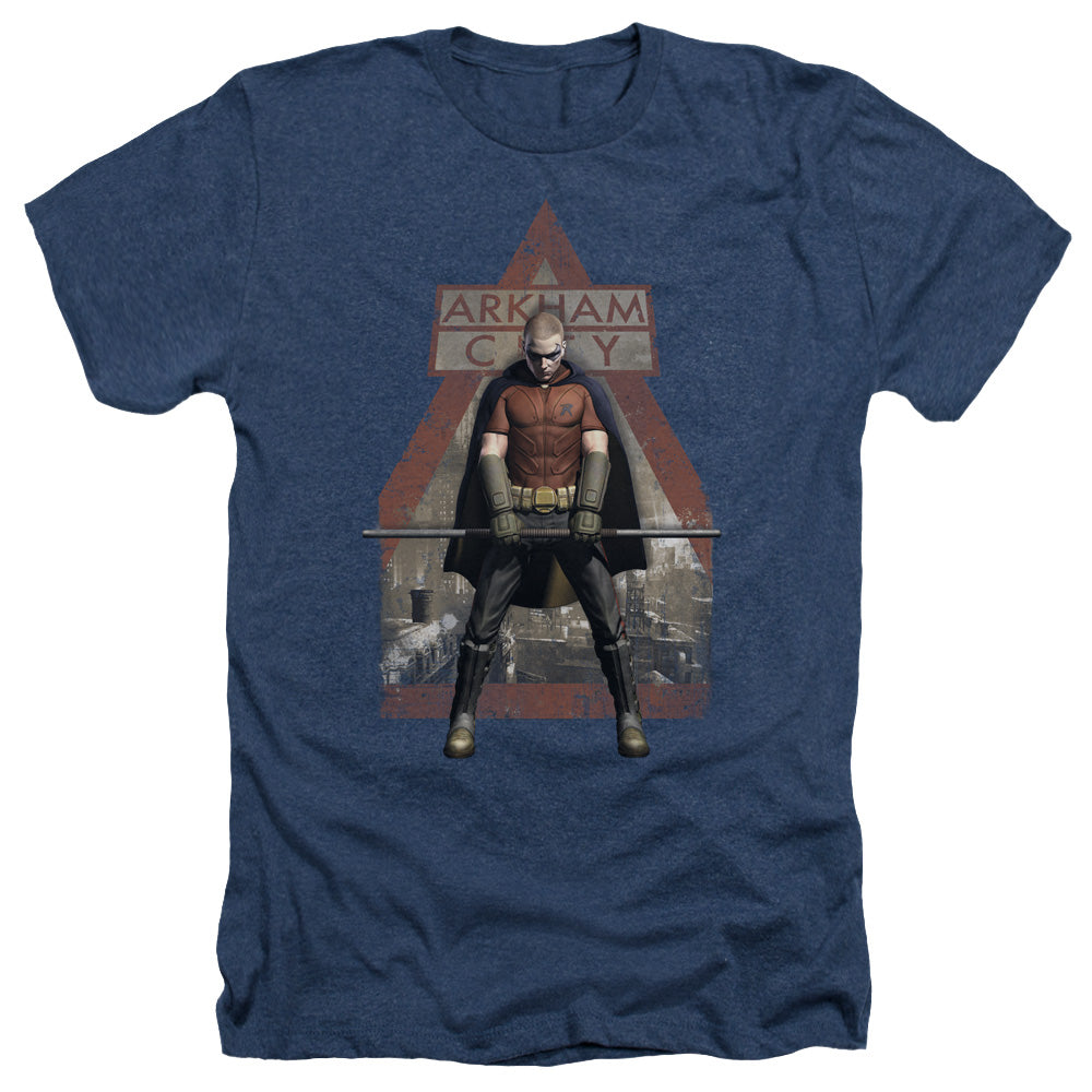 AN OFFCIALLY LICENSED ARKHAM CITY ARKHAM ROBIN MEN'S HEATHER T-SHIRT NAVY