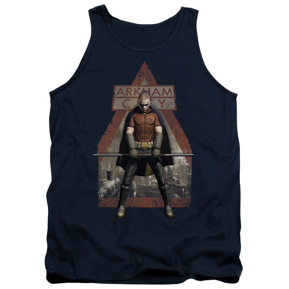 AN OFFCIALLY LICENSED ARKHAM CITY ARKHAM ROBIN ADULT UNISEX TANK TOP NAVY