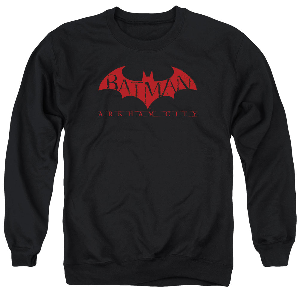 AN OFFCIALLY LICENSED ARKHAM CITY RED BAT ADULT UNISEX CREWNECK SWEATSHIRT BLACK