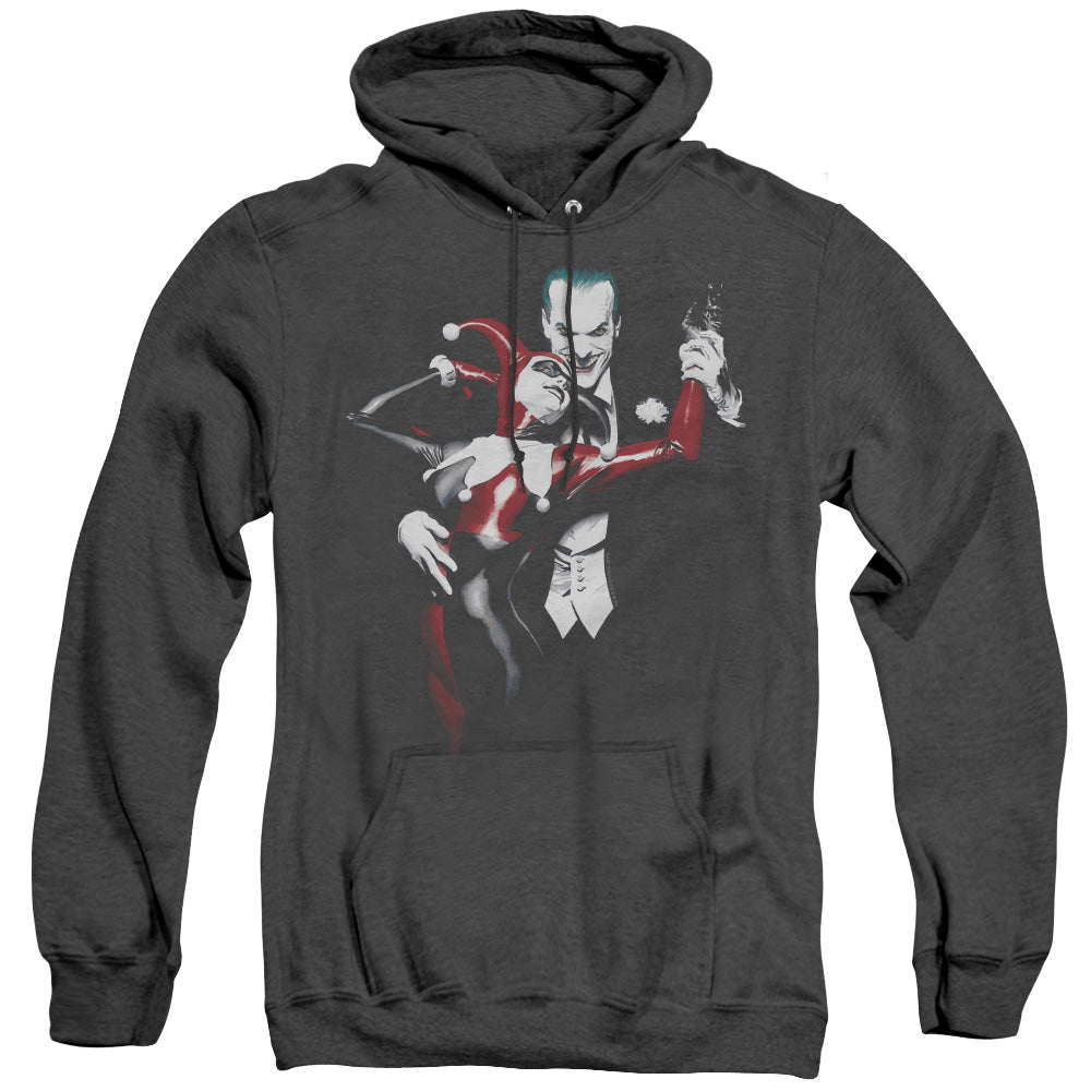 AN OFFCIALLY LICENSED BATMAN HARLEY AND JOKER ADULT UNISEX HEATHER PULLOVER HOODIE BLACK
