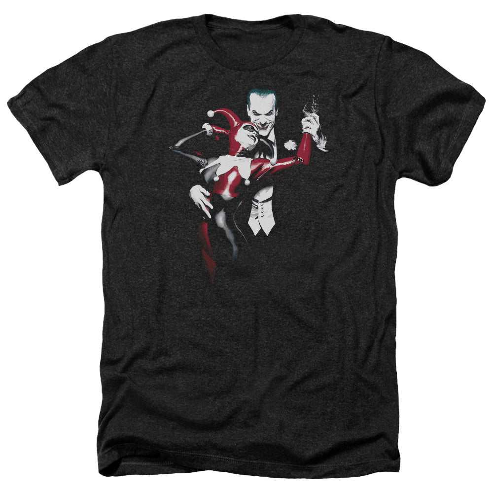 AN OFFCIALLY LICENSED BATMAN HARLEY AND JOKER MEN'S HEATHER T-SHIRT CHARCOAL