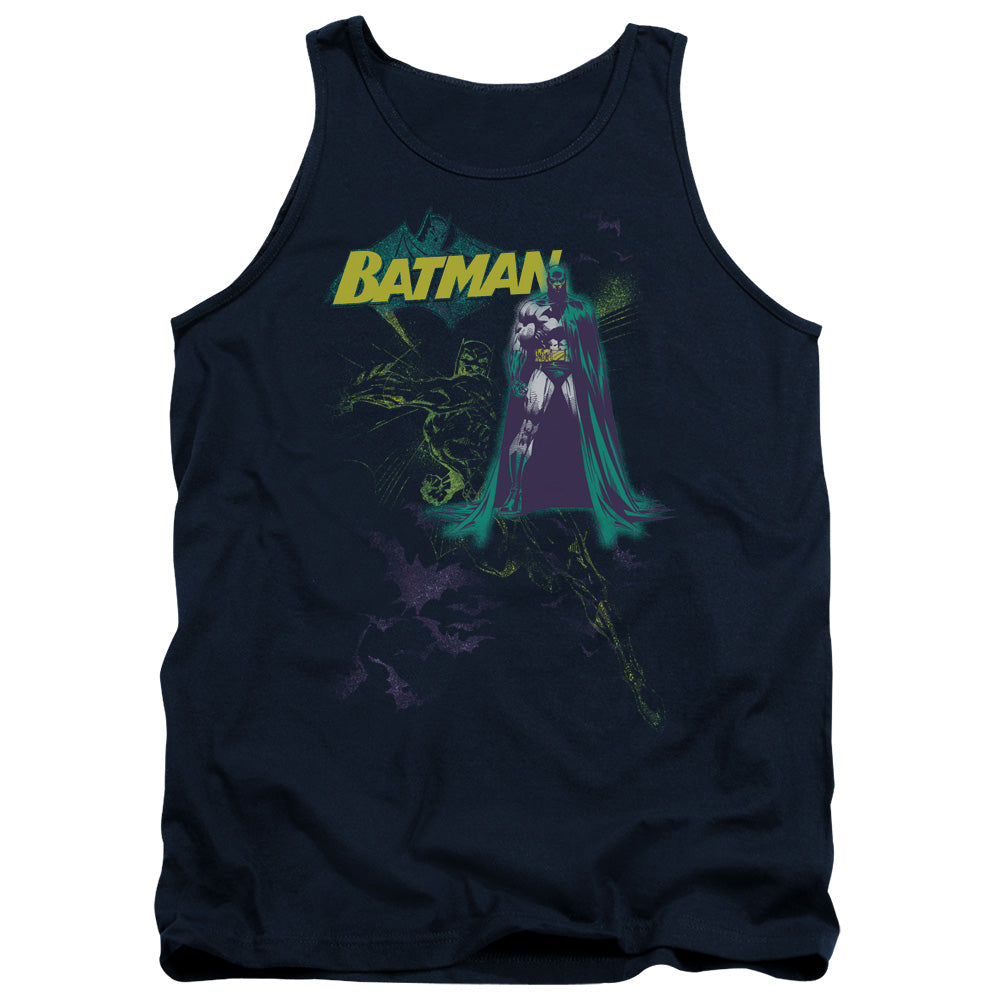 AN OFFCIALLY LICENSED BATMAN BAT SPRAY ADULT UNISEX TANK TOP NAVY