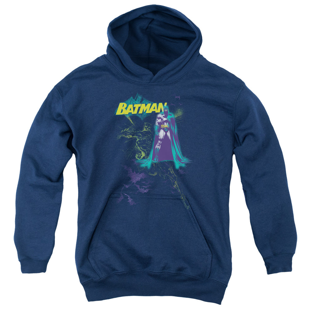 AN OFFCIALLY LICENSED BATMAN BAT SPRAY YOUTH HOODIE NAVY