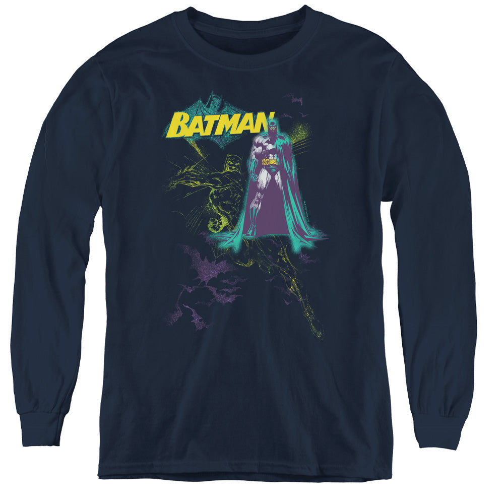 AN OFFCIALLY LICENSED BATMAN BAT SPRAY YOUTH LONG SLEEVE T-SHIRT NAVY