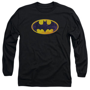 AN OFFCIALLY LICENSED BATMAN BM NEON DISTRESS LOGO MEN'S LONG SLEEVE T-SHIRT BLACK