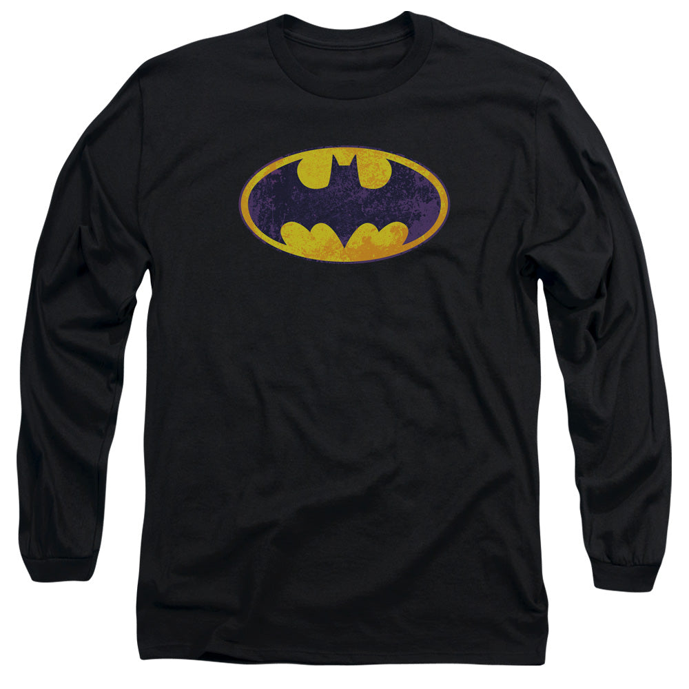 AN OFFCIALLY LICENSED BATMAN BM NEON DISTRESS LOGO MEN'S LONG SLEEVE T-SHIRT BLACK