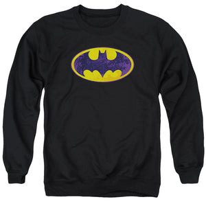 AN OFFCIALLY LICENSED BATMAN BM NEON DISTRESS LOGO ADULT UNISEX CREWNECK SWEATSHIRT BLACK