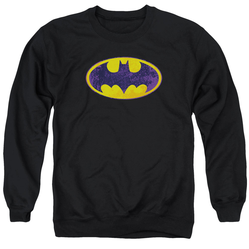 AN OFFCIALLY LICENSED BATMAN BM NEON DISTRESS LOGO ADULT UNISEX CREWNECK SWEATSHIRT BLACK