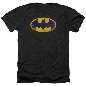 AN OFFCIALLY LICENSED BATMAN BM NEON DISTRESS LOGO MEN'S HEATHER T-SHIRT CHARCOAL