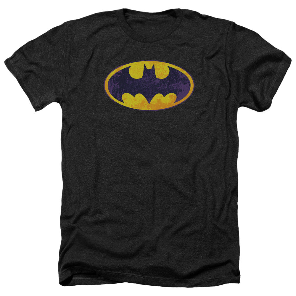 AN OFFCIALLY LICENSED BATMAN BM NEON DISTRESS LOGO MEN'S HEATHER T-SHIRT CHARCOAL