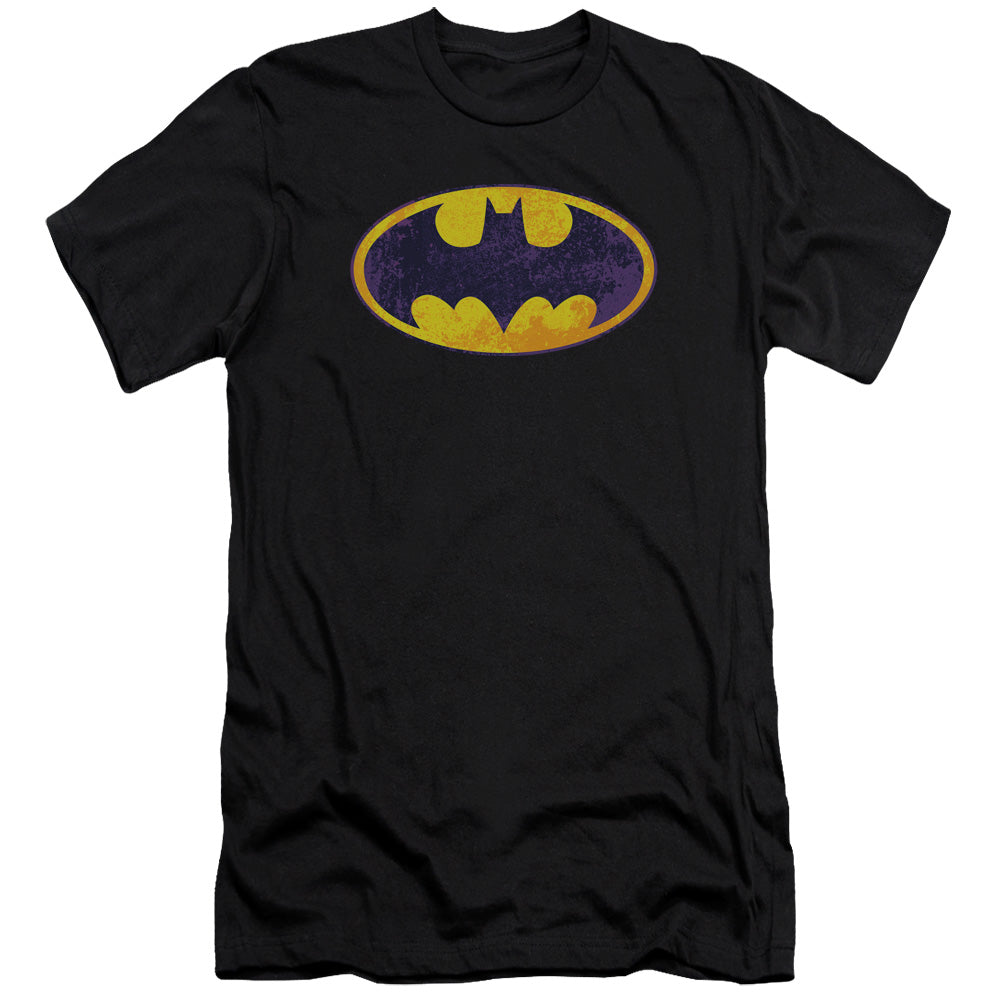 AN OFFCIALLY LICENSED BATMAN BM NEON DISTRESS LOGO MEN'S PREMIUM SLIM FIT T-SHIRT BLACK