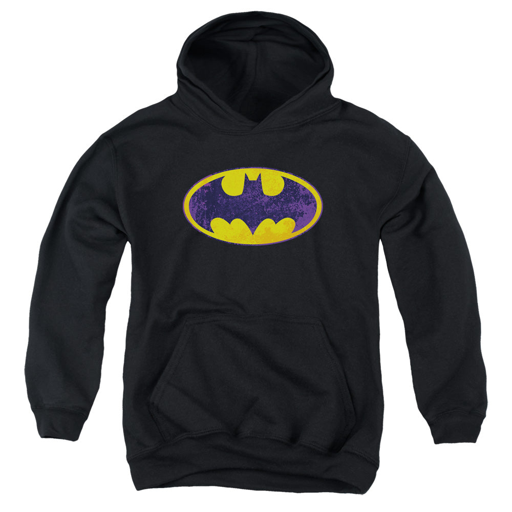 AN OFFCIALLY LICENSED BATMAN BM NEON DISTRESS LOGO YOUTH HOODIE BLACK