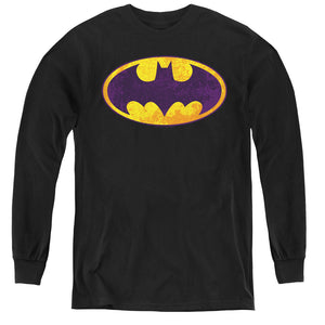 AN OFFCIALLY LICENSED BATMAN BM NEON DISTRESS LOGO YOUTH LONG SLEEVE T-SHIRT BLACK