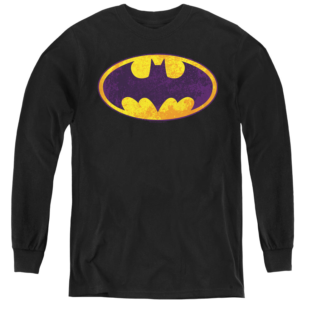 AN OFFCIALLY LICENSED BATMAN BM NEON DISTRESS LOGO YOUTH LONG SLEEVE T-SHIRT BLACK