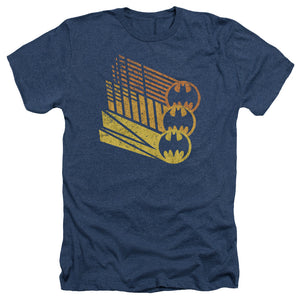 AN OFFCIALLY LICENSED BATMAN BAT SIGNAL SHAPES MEN'S HEATHER T-SHIRT NAVY