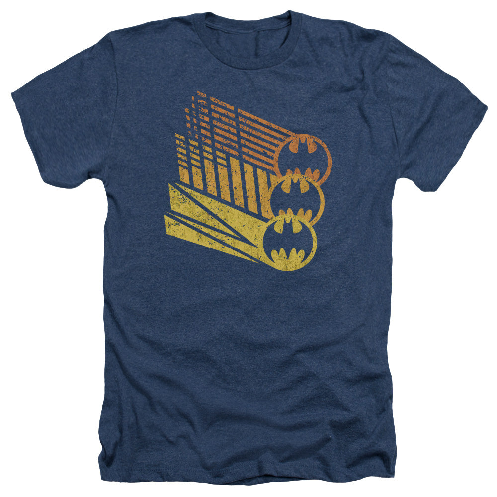 AN OFFCIALLY LICENSED BATMAN BAT SIGNAL SHAPES MEN'S HEATHER T-SHIRT NAVY