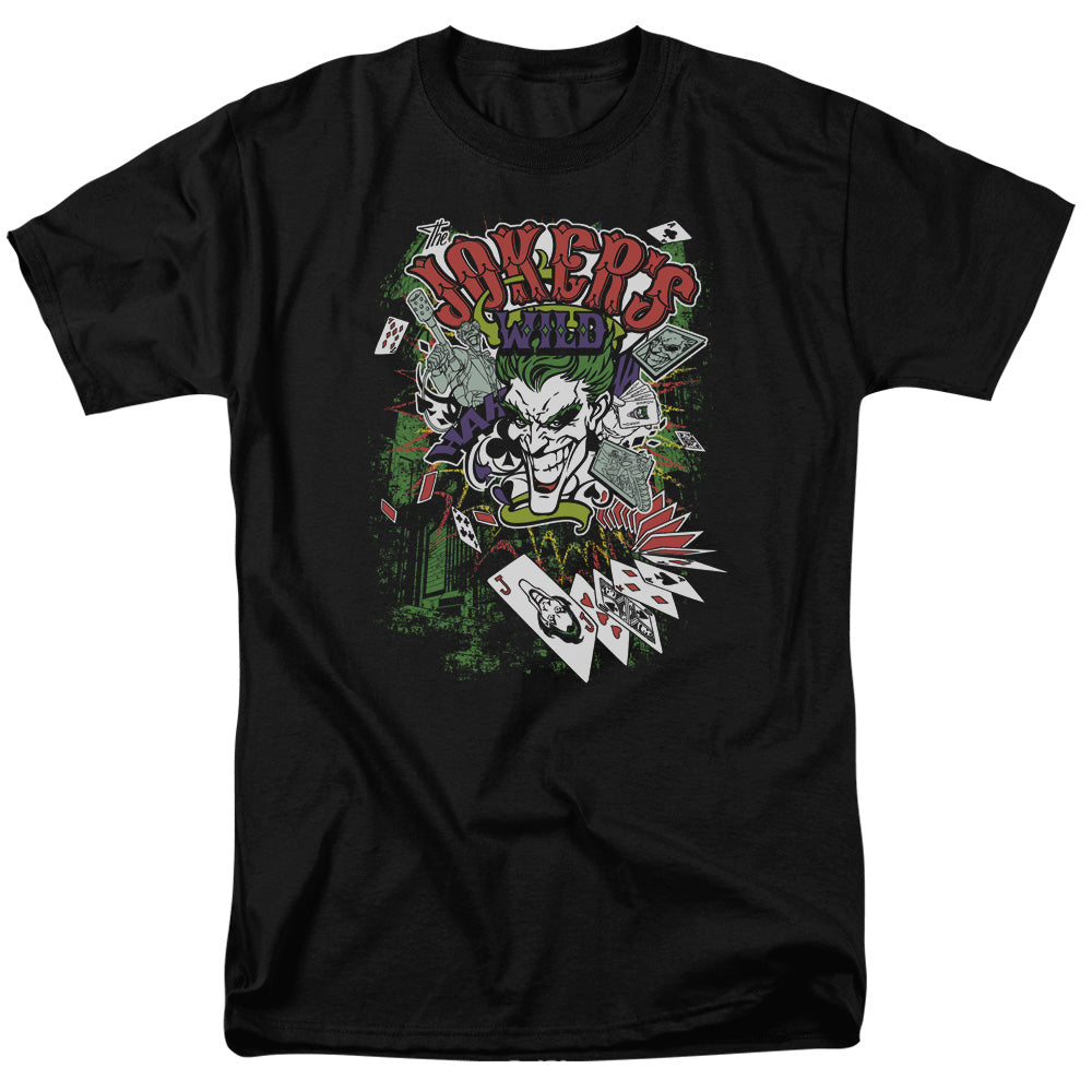 AN OFFCIALLY LICENSED BATMAN JOKERS WILD MEN'S REGULAR FIT T-SHIRT BLACK