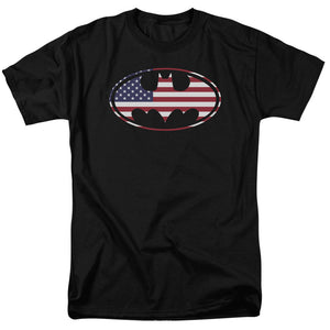 AN OFFCIALLY LICENSED BATMAN AMERICAN FLAG OVAL MEN'S REGULAR FIT T-SHIRT BLACK