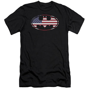 AN OFFCIALLY LICENSED BATMAN AMERICAN FLAG OVAL MEN'S PREMIUM SLIM FIT T-SHIRT BLACK