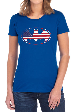 AN OFFCIALLY LICENSED BATMAN AMERICAN FLAG OVAL WOMEN'S REGULAR FIT T-SHIRT BLACK