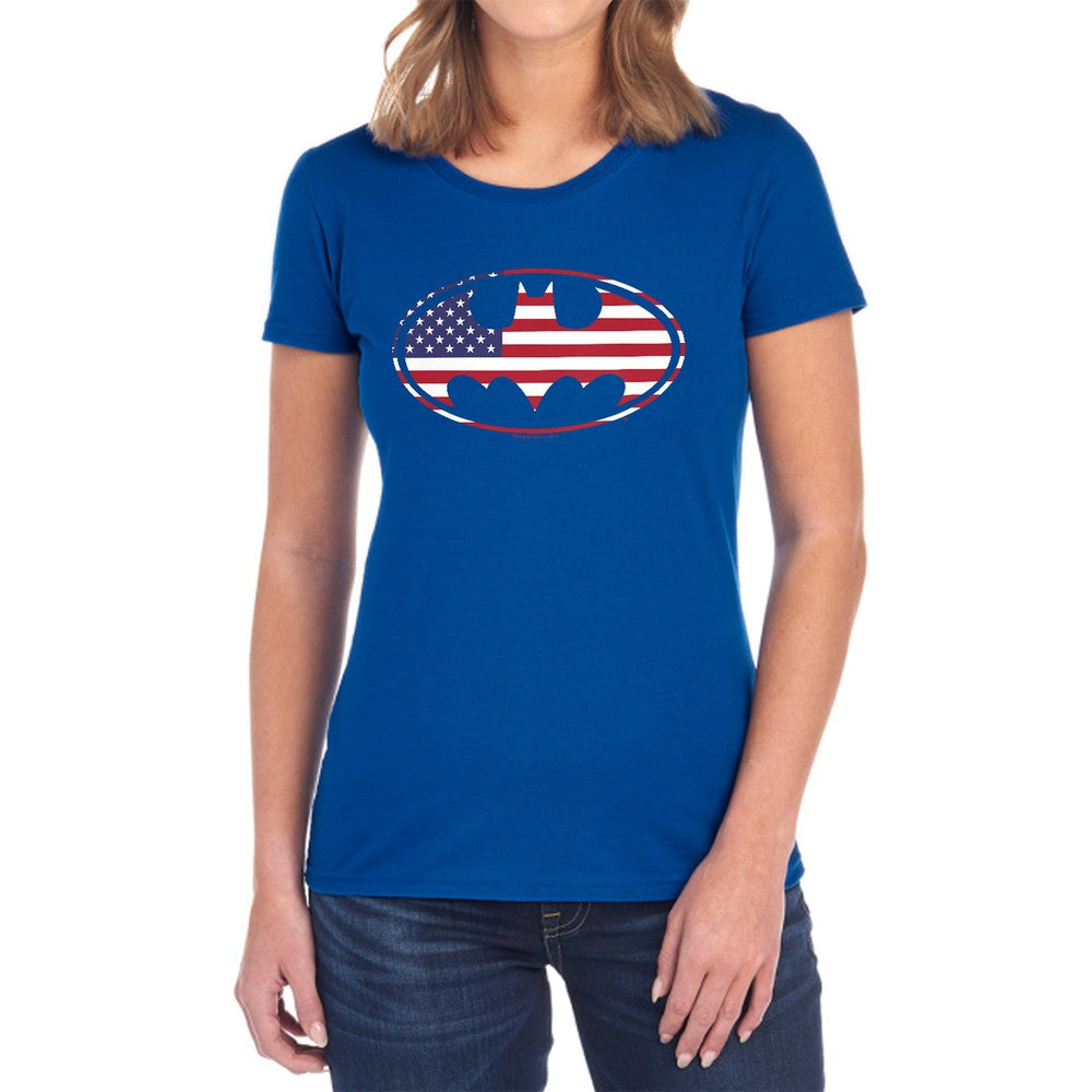 Batman American Flag Oval Licensed Women's T-Shirt Regular Fit SM-2X