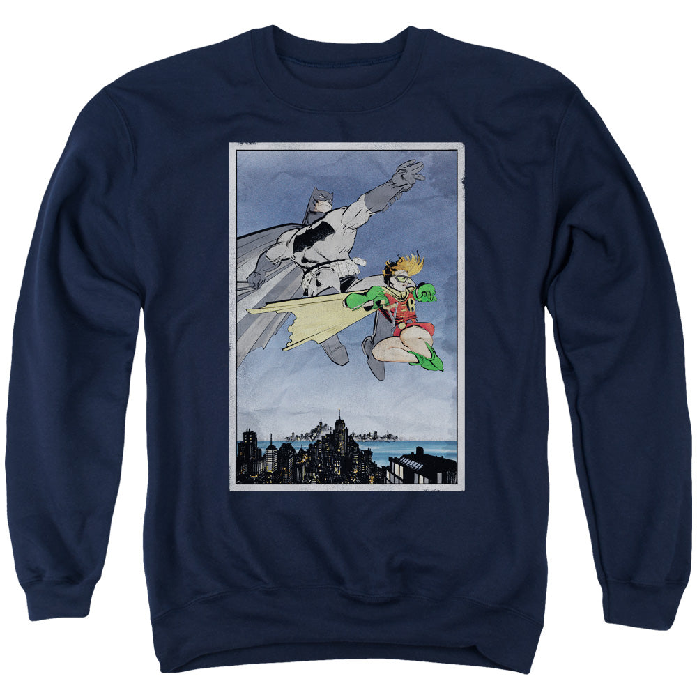 AN OFFCIALLY LICENSED BATMAN DKR DUO ADULT UNISEX CREWNECK SWEATSHIRT NAVY