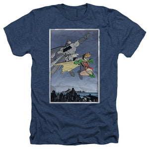 AN OFFCIALLY LICENSED BATMAN DKR DUO MEN'S HEATHER T-SHIRT NAVY