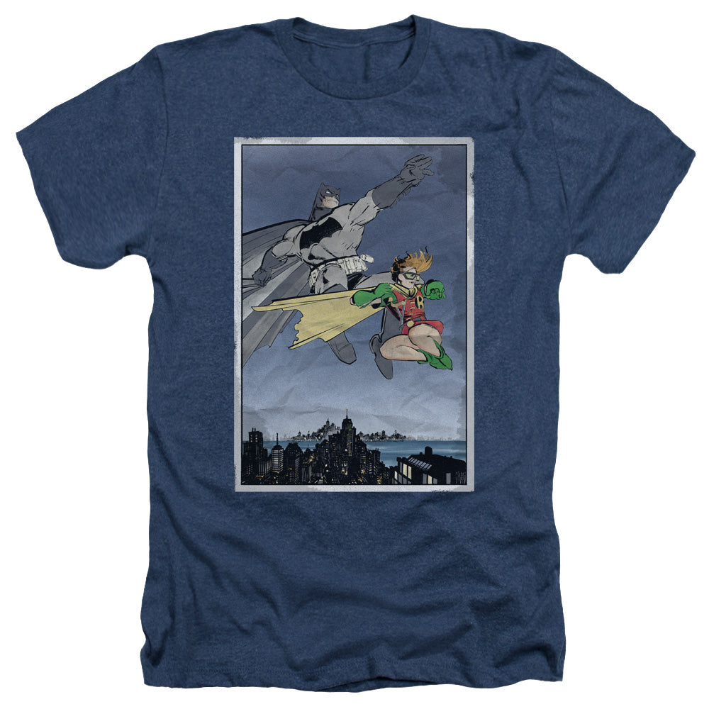 AN OFFCIALLY LICENSED BATMAN DKR DUO MEN'S HEATHER T-SHIRT NAVY