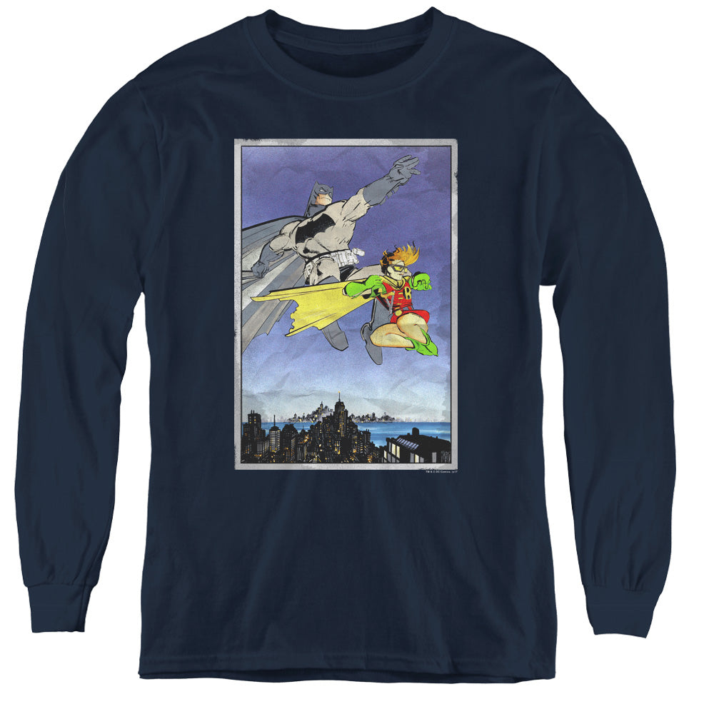 AN OFFCIALLY LICENSED BATMAN DKR DUO YOUTH LONG SLEEVE T-SHIRT NAVY