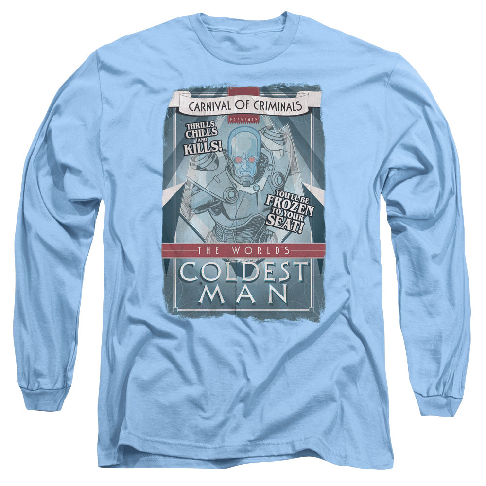 AN OFFCIALLY LICENSED BATMAN COLDEST MAN MEN'S LONG SLEEVE T-SHIRT CAROLINA BLUE