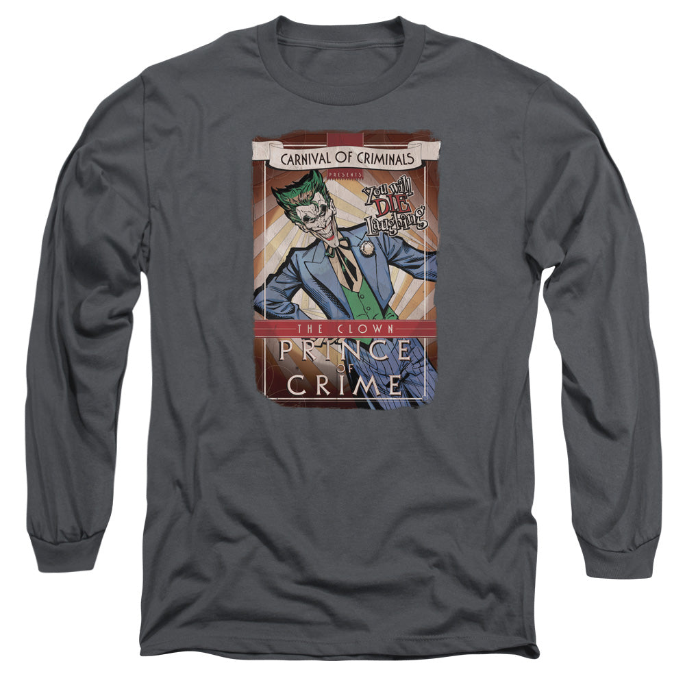 AN OFFCIALLY LICENSED BATMAN CLOWN PRINCE MEN'S LONG SLEEVE T-SHIRT CHARCOAL