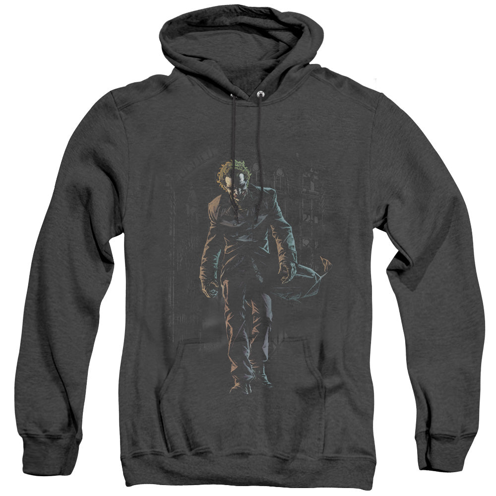AN OFFCIALLY LICENSED BATMAN JOKER LEAVES ARKHAM ADULT UNISEX HEATHER PULLOVER HOODIE BLACK