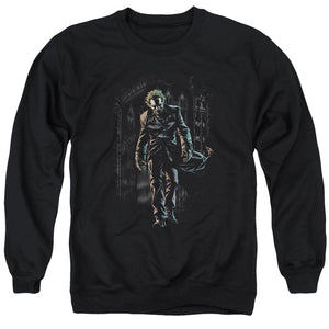 AN OFFCIALLY LICENSED BATMAN JOKER LEAVES ARKHAM ADULT UNISEX CREWNECK SWEATSHIRT BLACK