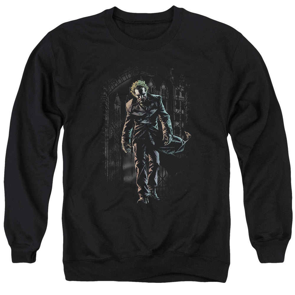 AN OFFCIALLY LICENSED BATMAN JOKER LEAVES ARKHAM ADULT UNISEX CREWNECK SWEATSHIRT BLACK