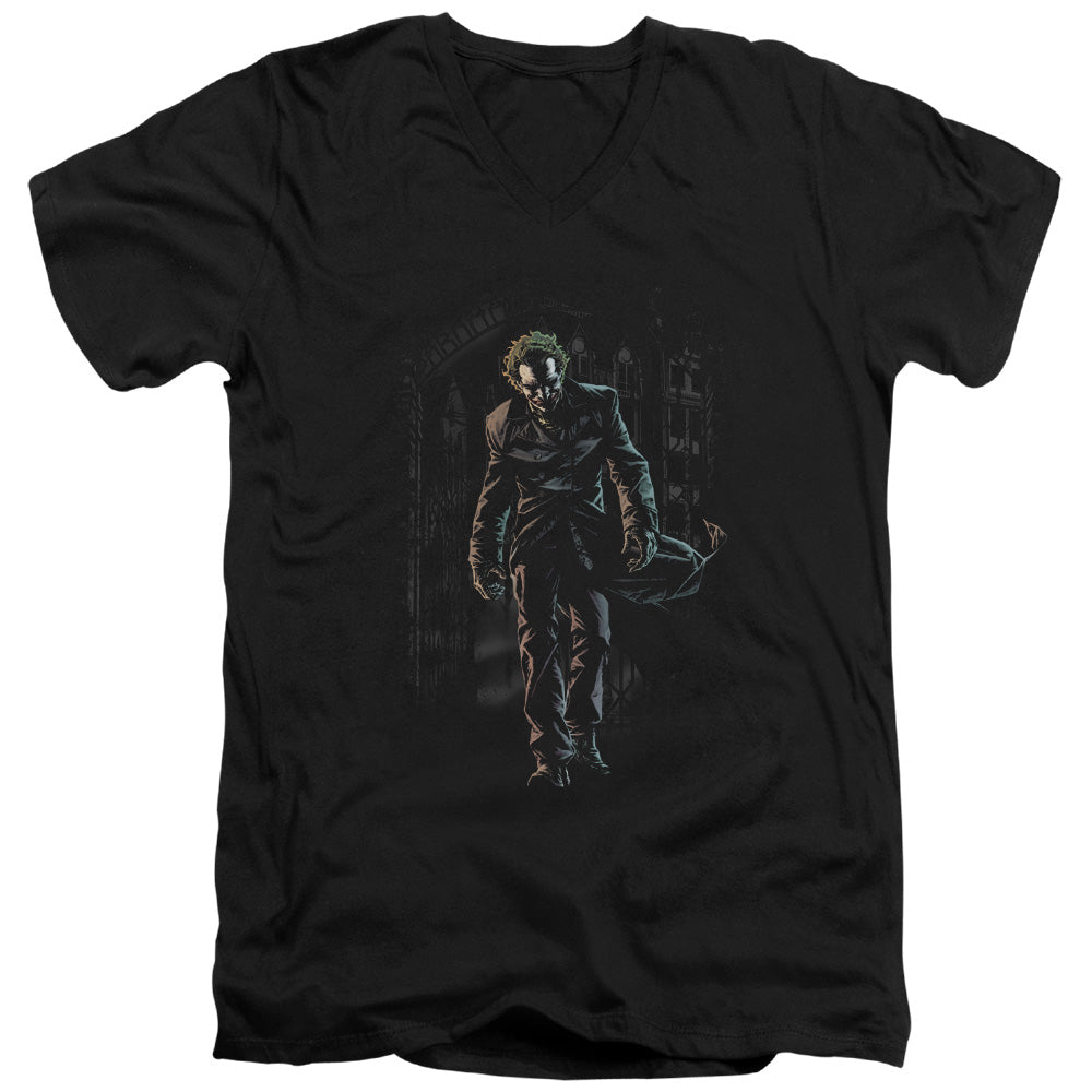 AN OFFCIALLY LICENSED BATMAN JOKER LEAVES ARKHAM MEN'S V-NECK T-SHIRT BLACK