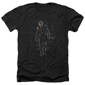 AN OFFCIALLY LICENSED BATMAN JOKER LEAVES ARKHAM MEN'S HEATHER T-SHIRT CHARCOAL