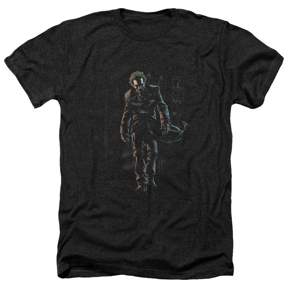 AN OFFCIALLY LICENSED BATMAN JOKER LEAVES ARKHAM MEN'S HEATHER T-SHIRT CHARCOAL