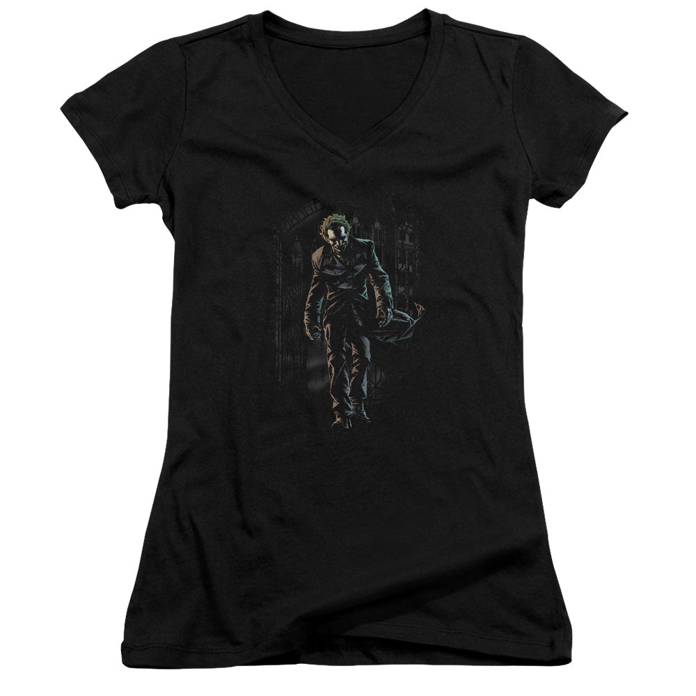 Batman Joker Leaves Arkham Licensed Women's T-Shirt Juniors V-Neck SM