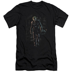 AN OFFCIALLY LICENSED BATMAN JOKER LEAVES ARKHAM MEN'S PREMIUM SLIM FIT T-SHIRT BLACK
