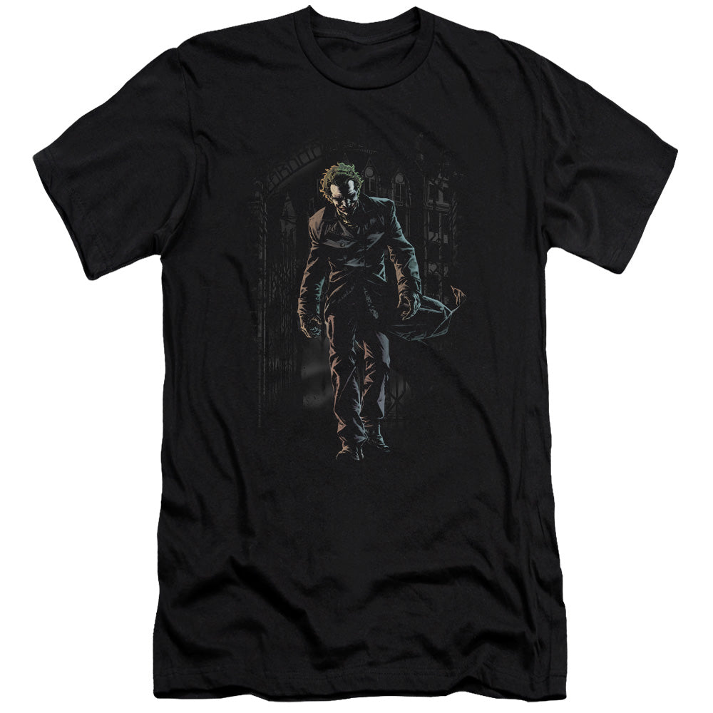 AN OFFCIALLY LICENSED BATMAN JOKER LEAVES ARKHAM MEN'S PREMIUM SLIM FIT T-SHIRT BLACK