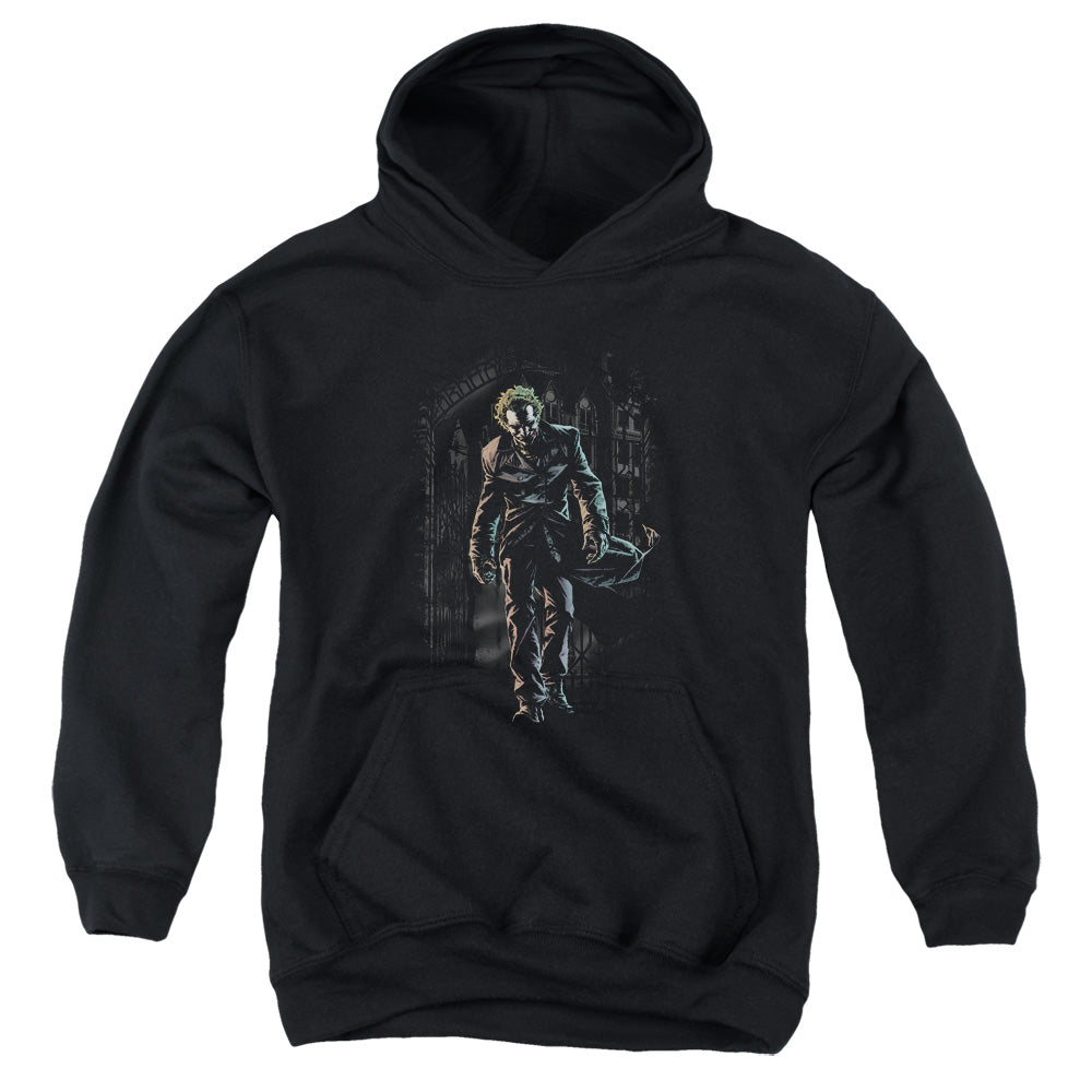 AN OFFCIALLY LICENSED BATMAN JOKER LEAVES ARKHAM YOUTH HOODIE BLACK