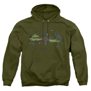 AN OFFCIALLY LICENSED BATMAN DISTRESSED CAMO SHIELD ADULT UNISEX PULLOVER HOODIE MILITARY GREEN