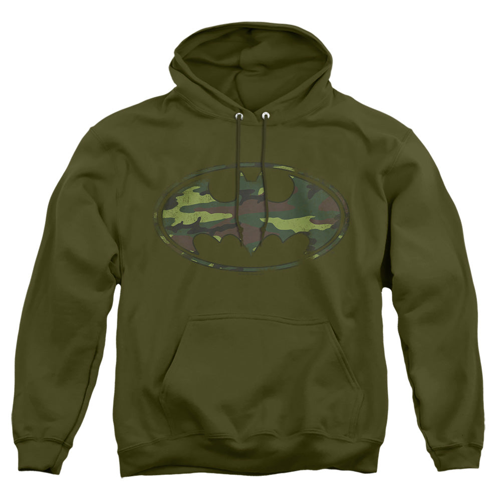 AN OFFCIALLY LICENSED BATMAN DISTRESSED CAMO SHIELD ADULT UNISEX PULLOVER HOODIE MILITARY GREEN