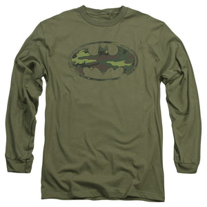 AN OFFCIALLY LICENSED BATMAN DISTRESSED CAMO SHIELD MEN'S LONG SLEEVE T-SHIRT MILITARY GREEN