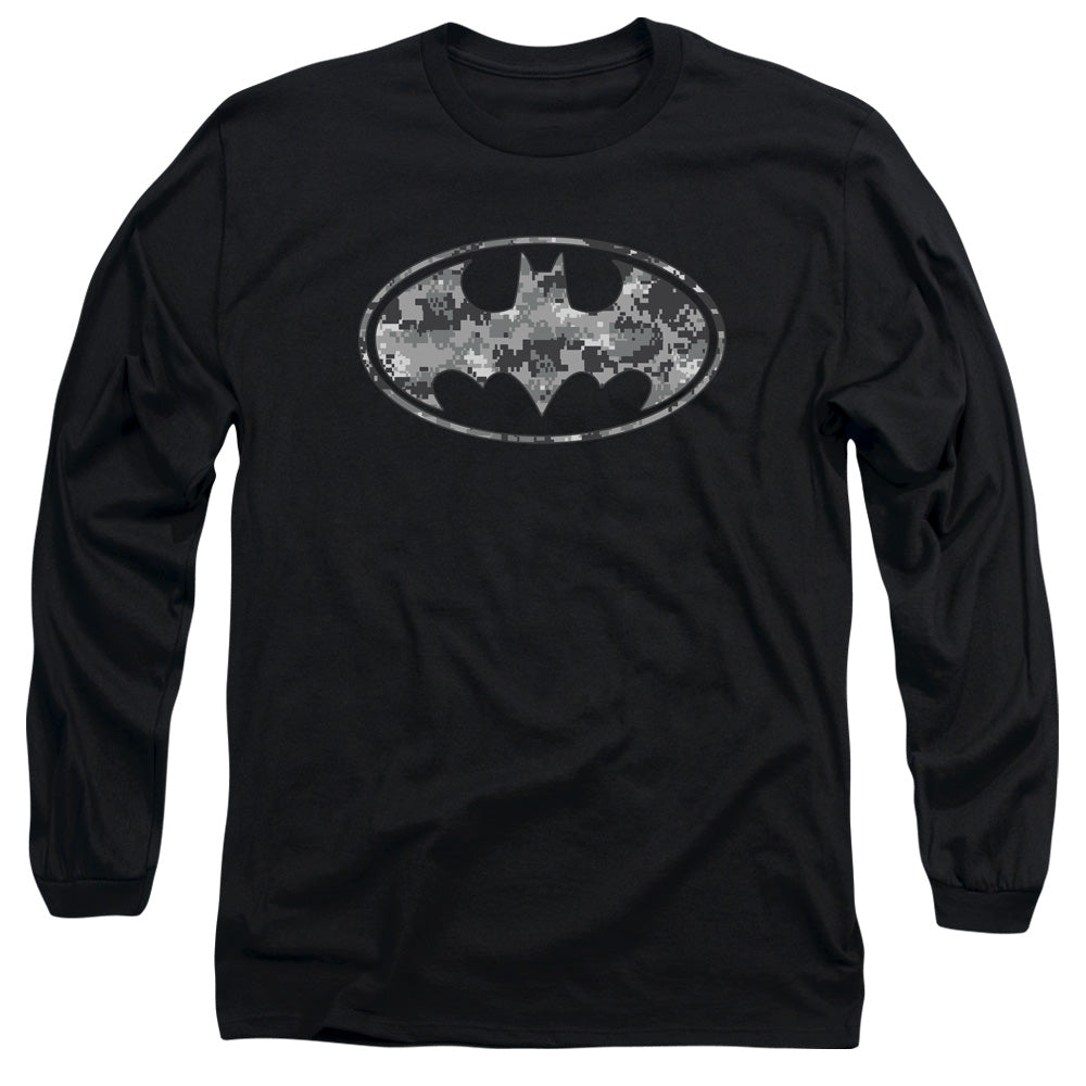 AN OFFCIALLY LICENSED BATMAN URBAN CAMO SHIELD MEN'S LONG SLEEVE T-SHIRT BLACK