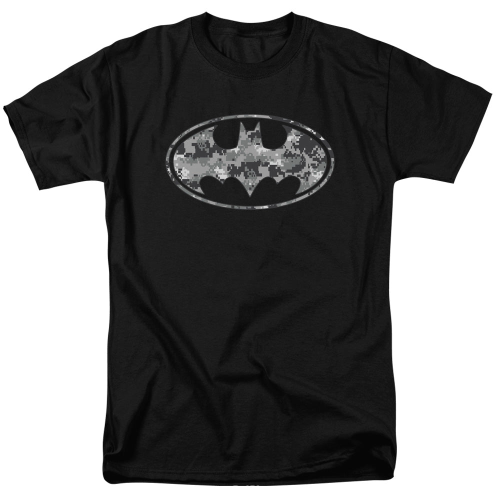 AN OFFCIALLY LICENSED BATMAN URBAN CAMO SHIELD MEN'S REGULAR FIT T-SHIRT BLACK