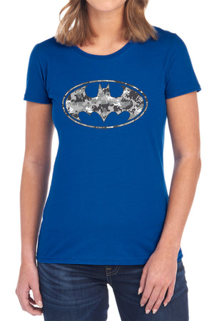 AN OFFCIALLY LICENSED BATMAN URBAN CAMO SHIELD WOMEN'S REGULAR FIT T-SHIRT BLACK