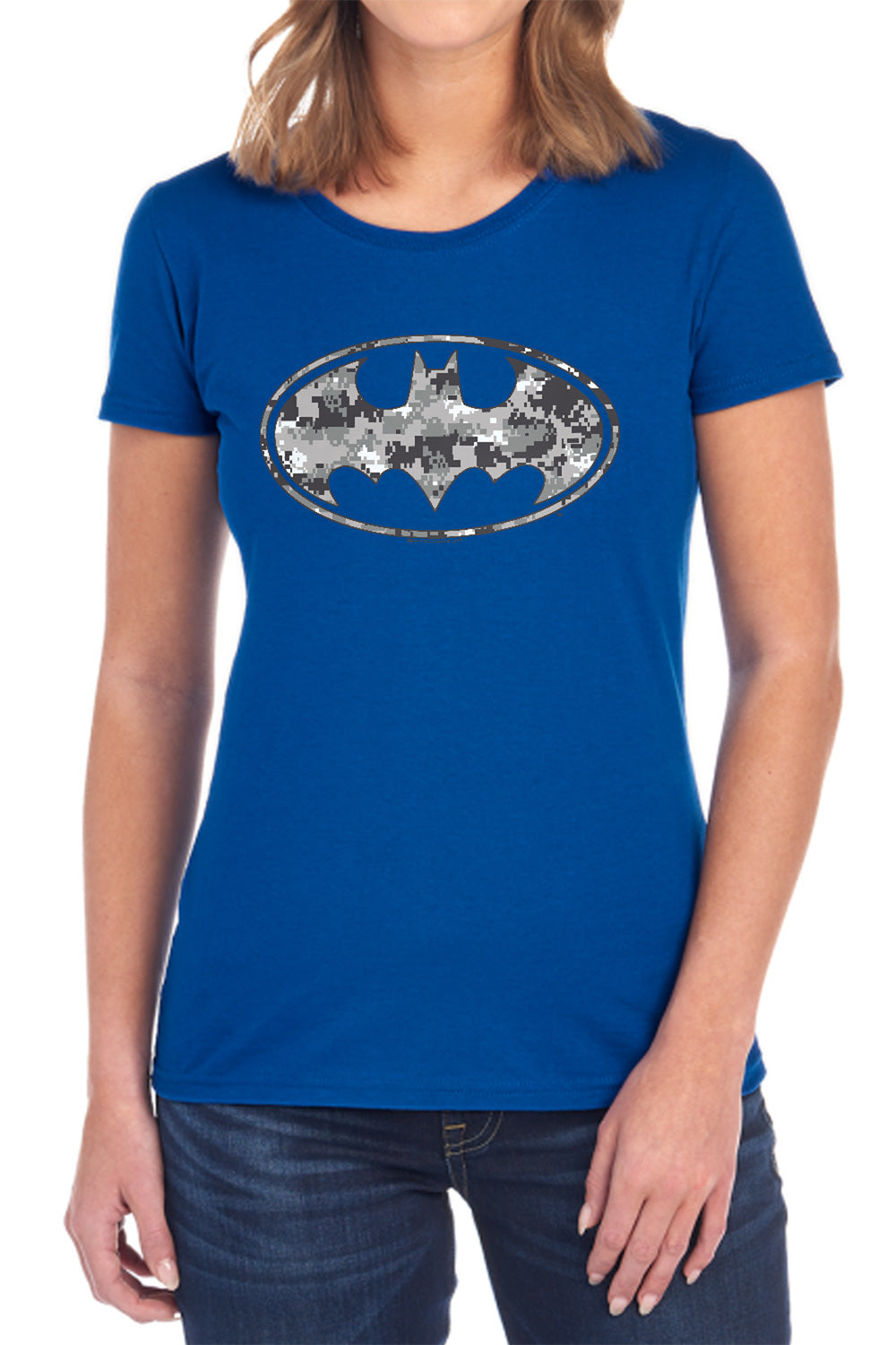 AN OFFCIALLY LICENSED BATMAN URBAN CAMO SHIELD WOMEN'S REGULAR FIT T-SHIRT BLACK