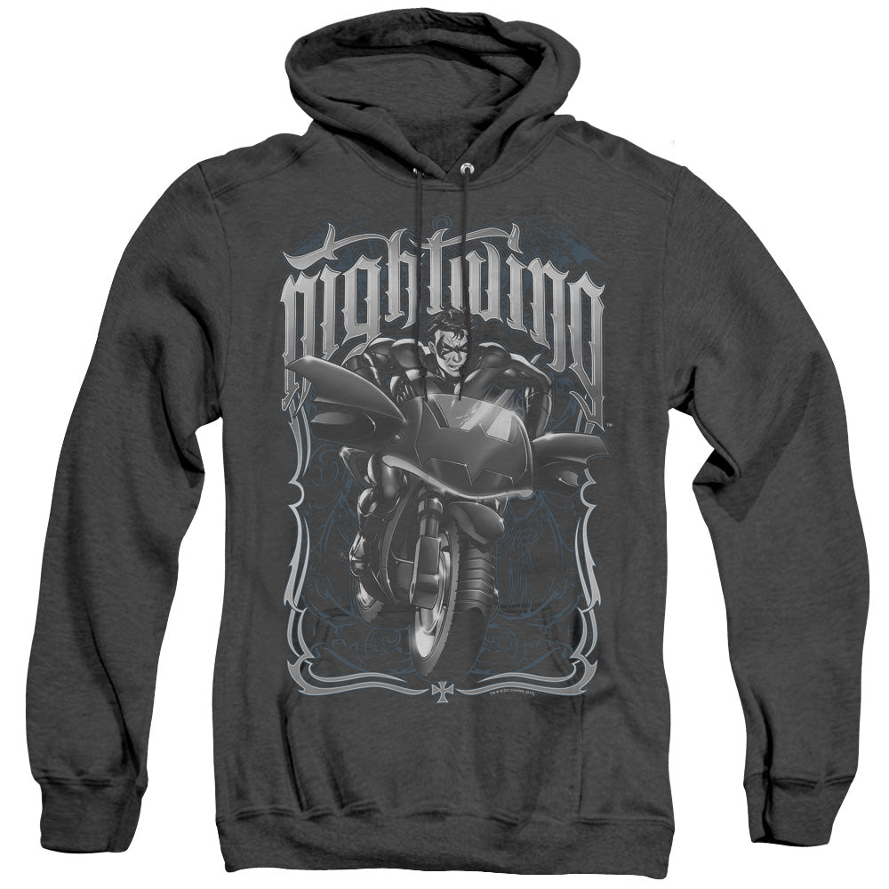 AN OFFCIALLY LICENSED BATMAN NIGHTWING BIKER ADULT UNISEX HEATHER PULLOVER HOODIE BLACK